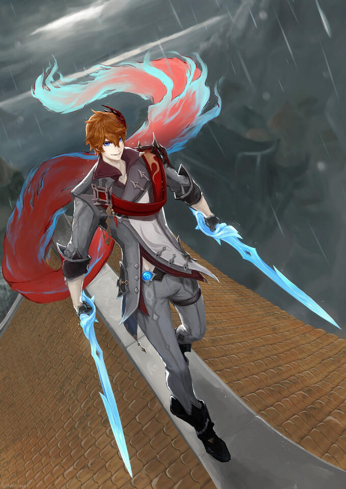 Genshin Impact's Tartaglia, aka 'Childe' - another contest work. Even if the game does not allow for it to rain in Liyue Harbor to get a proper reference, I decided to imagine that scenario and put a character high up on the roof.